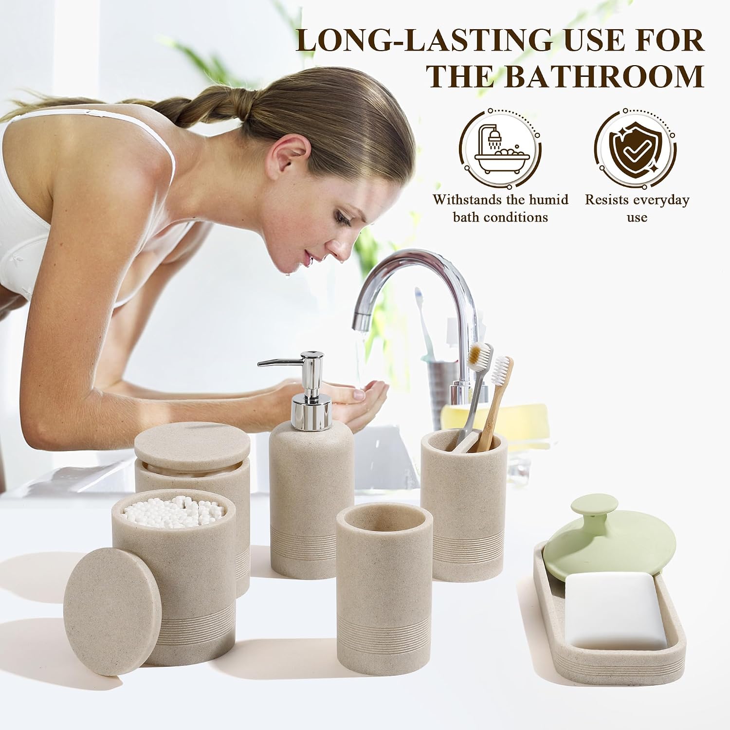 Bathroom Accessories Set, 6-Piece Bathroom Accessory Set, Toothbrush Holders Set, Soap Dispenser, Vanity Tray, Tumbler, Cotton Swab Jars, Bathroom Organizer for Modern Bathrooms(Beige) - Image 4