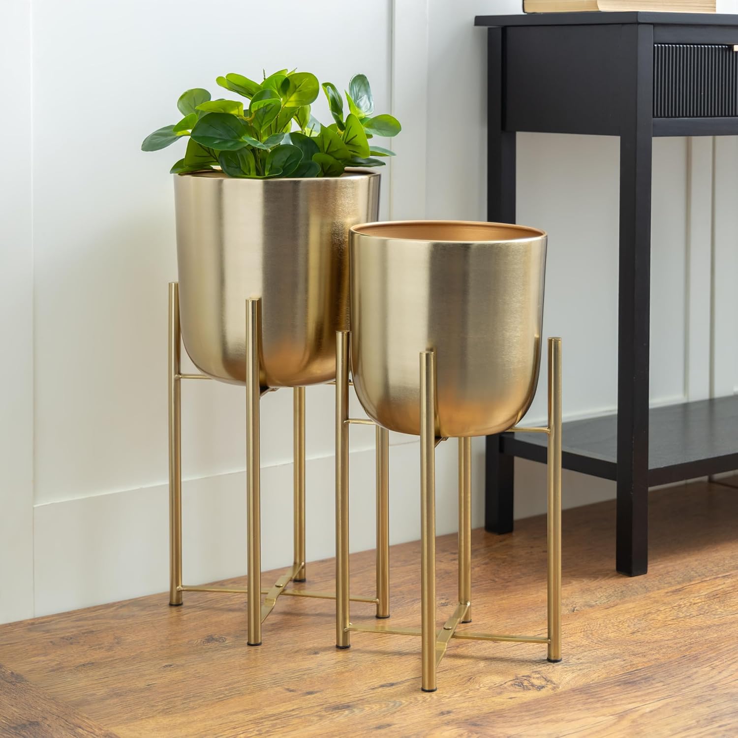 CosmoLiving by Cosmopolitan Metal Indoor Outdoor Planter Dome Large Planter Pot with Removable Stand, Set of 2 Planters 19", 22"H, Gold | Large planter pots with removable plant stand indoor outdoor use, not watertight - Image 3