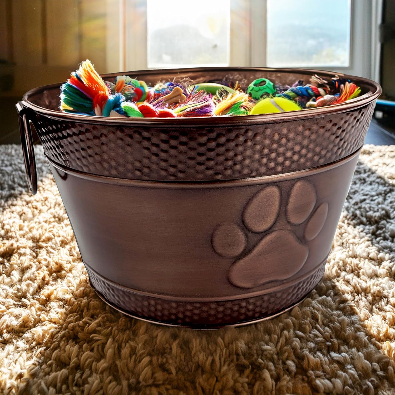 BREKX Metal Indestructible Dog Toy Bin - Storage Bin with Handles, Farmhouse Organizer Storage Basket for Pet Toys, Blankets, Leashes - Home Decor (Lead-Free Copper) - Image 6