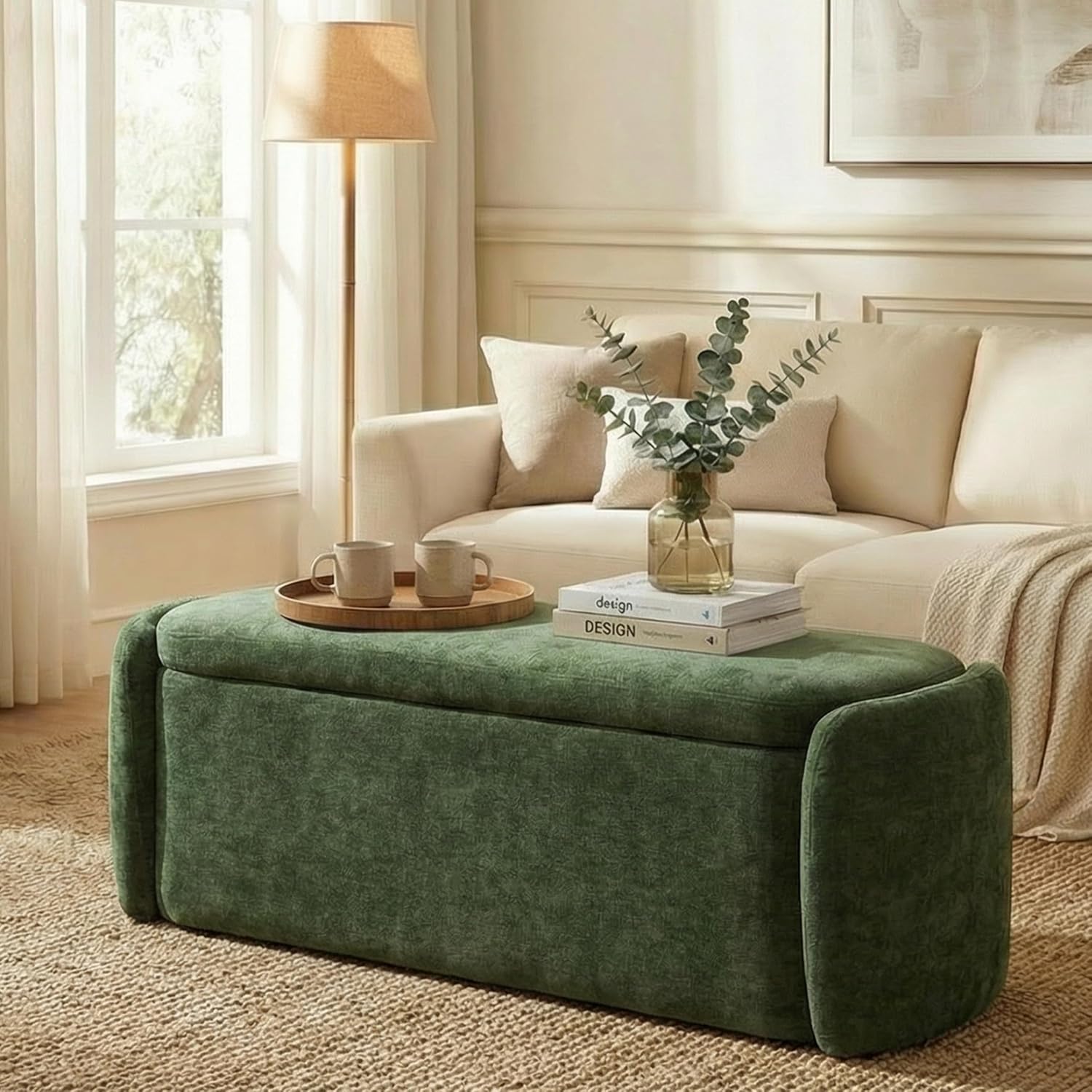 VKNOW 46" Oval Storage Ottoman Bench, Upholstered End of Bed Bench Ottomans Bench Foot Rest, Sherpa Storage Bench for Bedroom, Living Room and Hallway, Green - Image 8