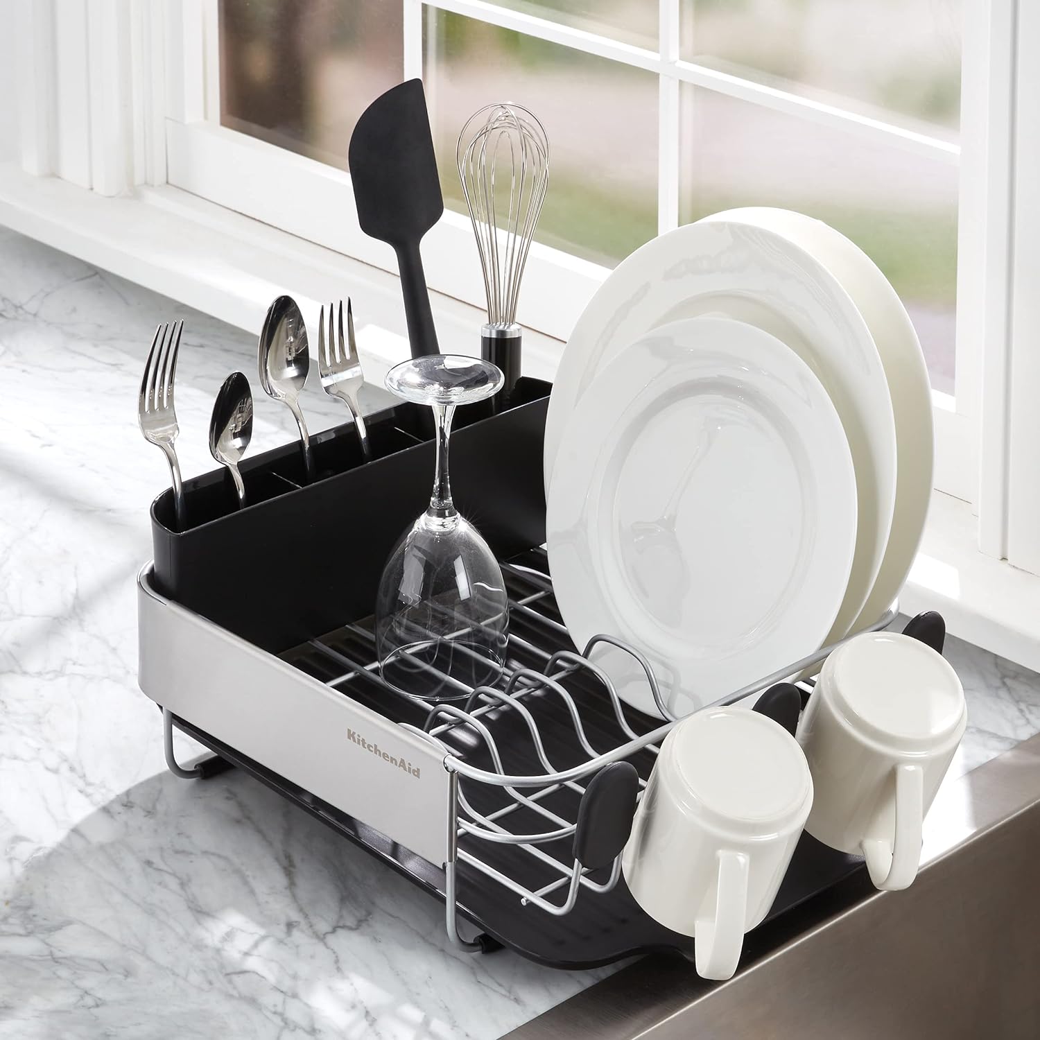 KitchenAid Compact, Space Saving Rust Resistant Dish Rack with Removable Flatware Caddy and Angled Self Draining Drainboard, 16.06-Inch, Black - Image 5