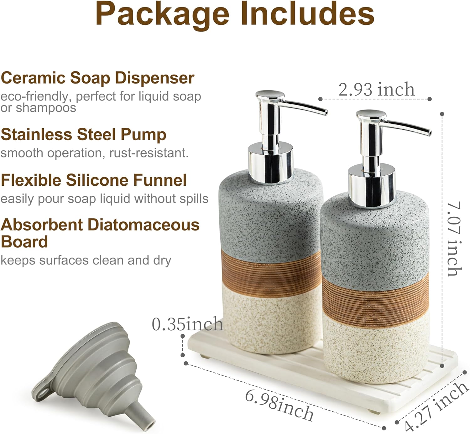 Ceramic Soap Dispenser Set(2 Pack) – Hand Soap, Dish Soap, Shampoo & Shower Soap Dispenser for Bathroom & Kitchen, Stainless Steel Pump, Includes Silicone Funnel & Diatomaceous Tray, Gray - Image 3