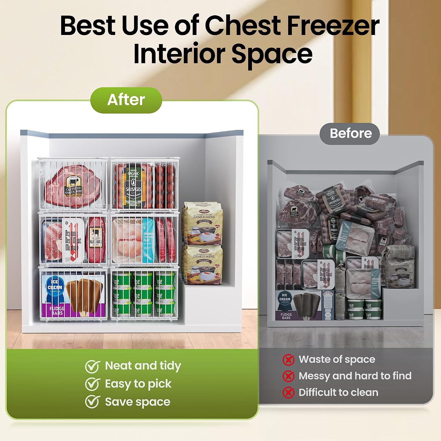MSERCUOR Freezer Organizer Bins, 3 Pack Big Stackable Deep Chest Freezer Organizer Bins, Foldable Baskets with Handles, White Storage Container Baskets for 5 to 9 Cu.FT Deep Freezer Sort Frozen Meats - Image 5