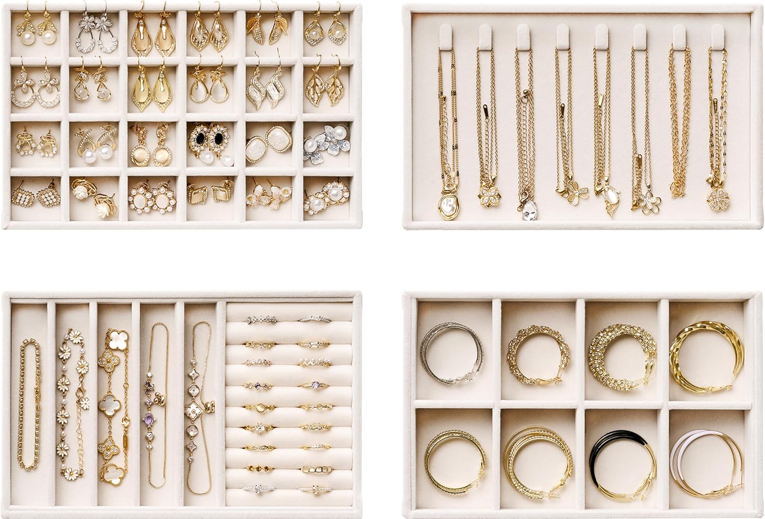 Velvet Jewelry Drawer Organizer Trays – 4-Layer Stackable Jewelry Storage Inserts Set, Beige Jewelry Tray Set for Earrings, Rings, Necklaces, Bracelets with Removable Dividers for Dresser & Vanity
