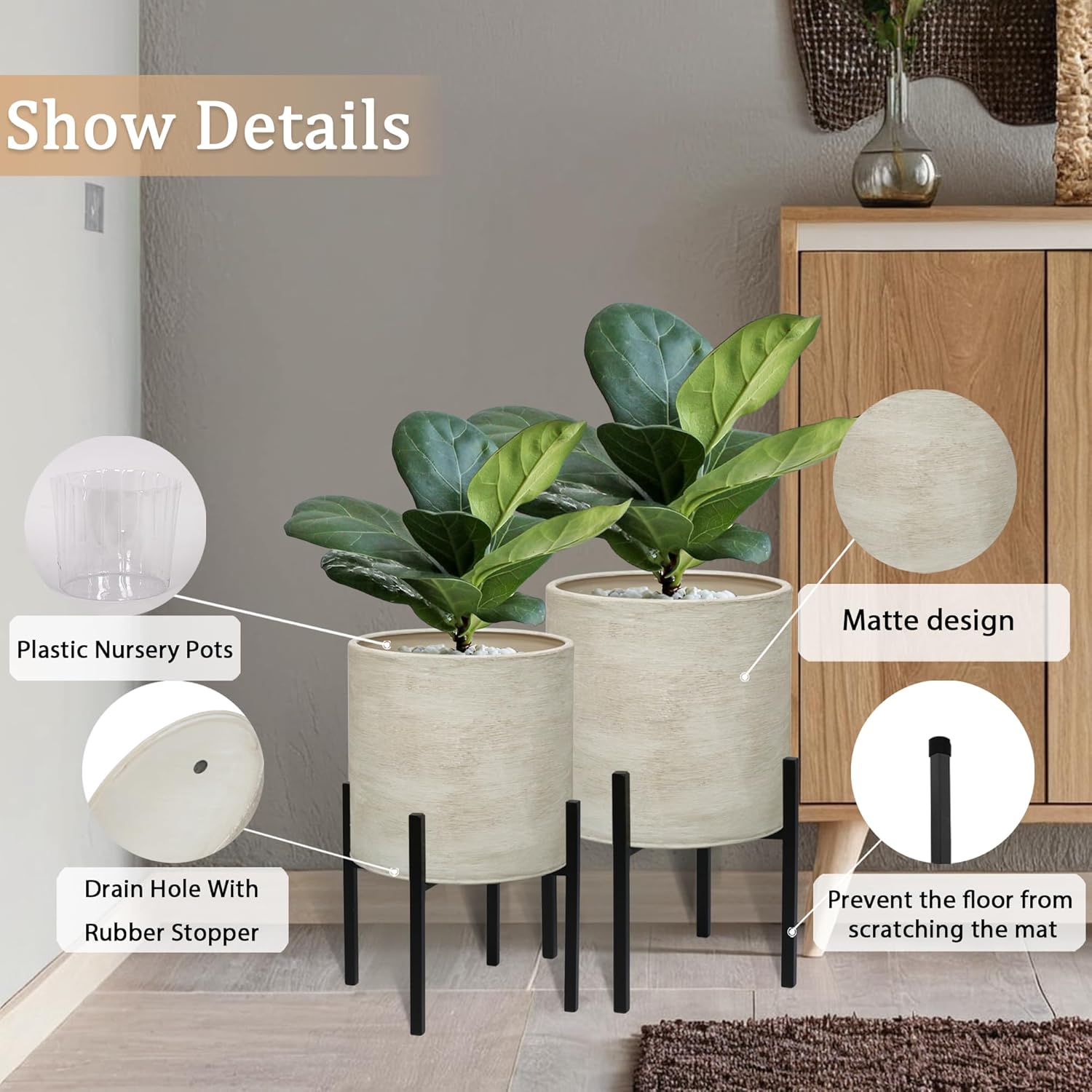 ARNIS Modern Plant Pots, Set of 2 Large Planters with Stand, Decorative Planters, Metal Pots with Drainage Holes for Living Room, Office, Garden or Balcony, 8.25 &10.5 Inch, Dirt - Image 4