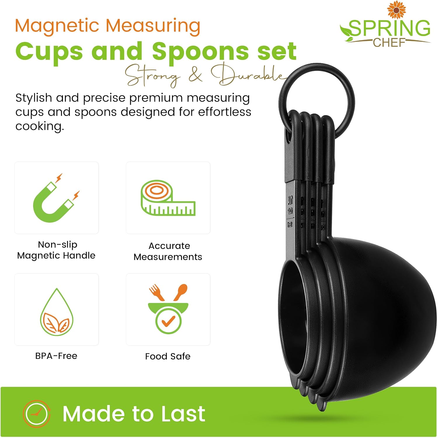Spring Chef Magnetic Measuring Cups and Spoons Set of 9, Nesting Kitchen Tool with Easy to Read Markings for Measuring Dry or Liquid Ingredient, BPA Free, Black - Image 4