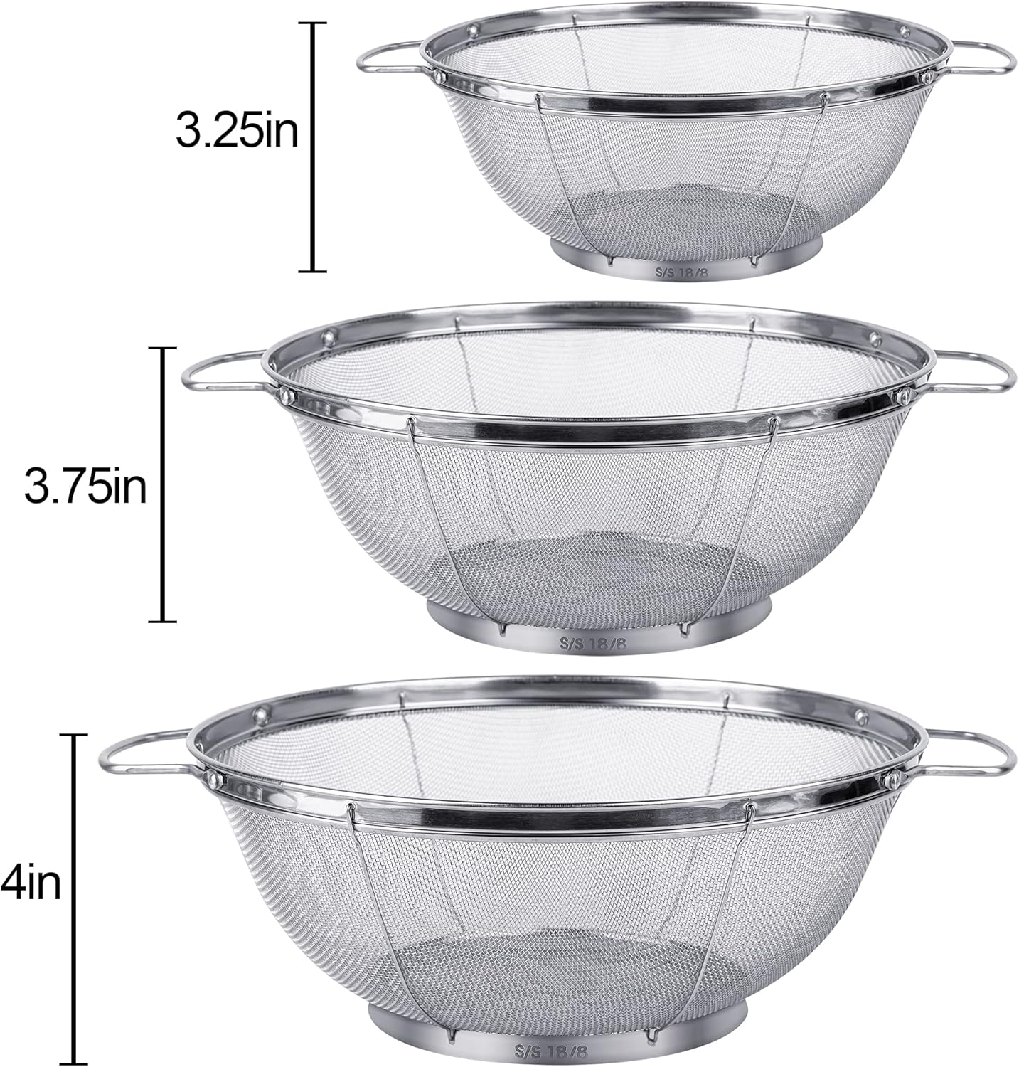 3 Pack 18/8 Stainless Steel Colander Sieves(5-Quart, 4-Quart and 3-Quart), Mesh Strainer Net Baskets with Handles & Resting Base for Strain, Drain, Rinse or Steam - Image 5
