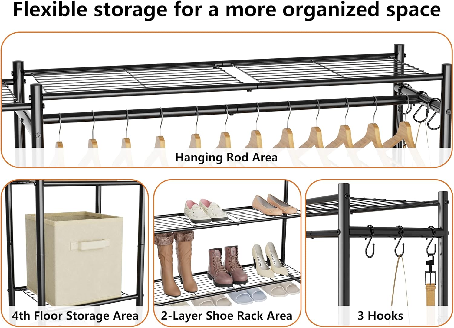 Wardrobe Closet,Portable Clothes Rack with 4 Tiers Shelves,Freestanding Closet Organizers and Storage System with Hanging Rods,Steel Clothing Rack Suitable for Cloakrooms,Bedrooms,Entrances,etc.Black - Image 8