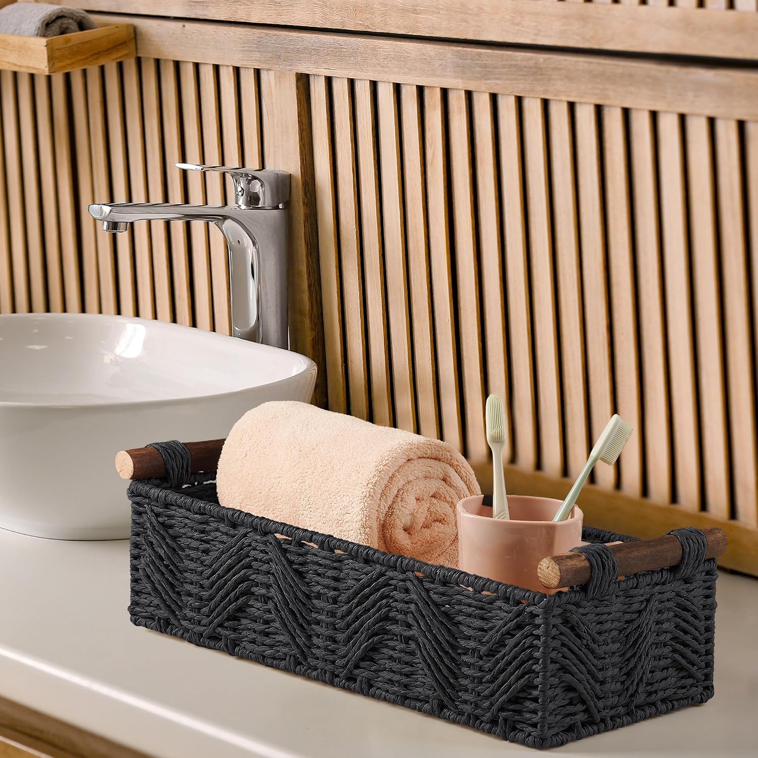 Bathroom Baskets for Organizing with Handle Decorative Basket for Bathroom Countertop Storage Toilet Paper Storage Basket for Toilet Tank Top Small Baskets Set,Black - Image 4