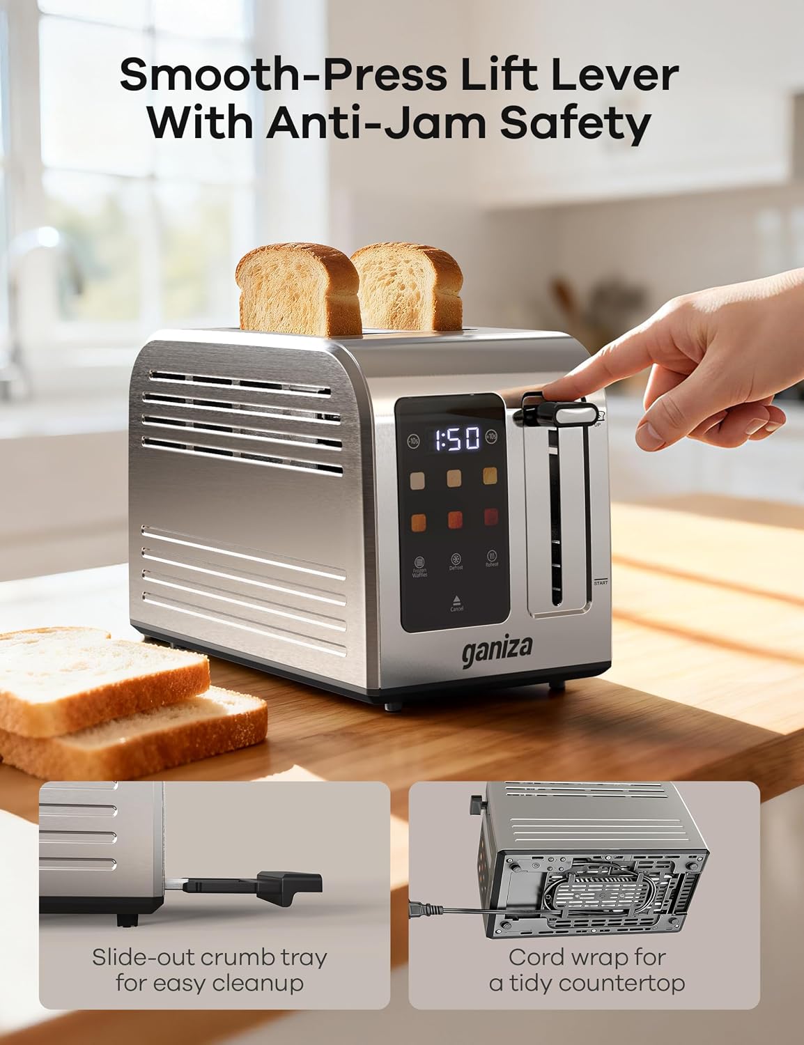 Ganiza Smart Toaster 2 Slice with Touchscreen, Digital Countdown Timer, Touch Screen Toaster Wide Slot, Full Stainless Steel, Defrost Reheat Cancel, +/-10s Fine-Tune, Removable Crumb Tray, Max 925W - Image 5