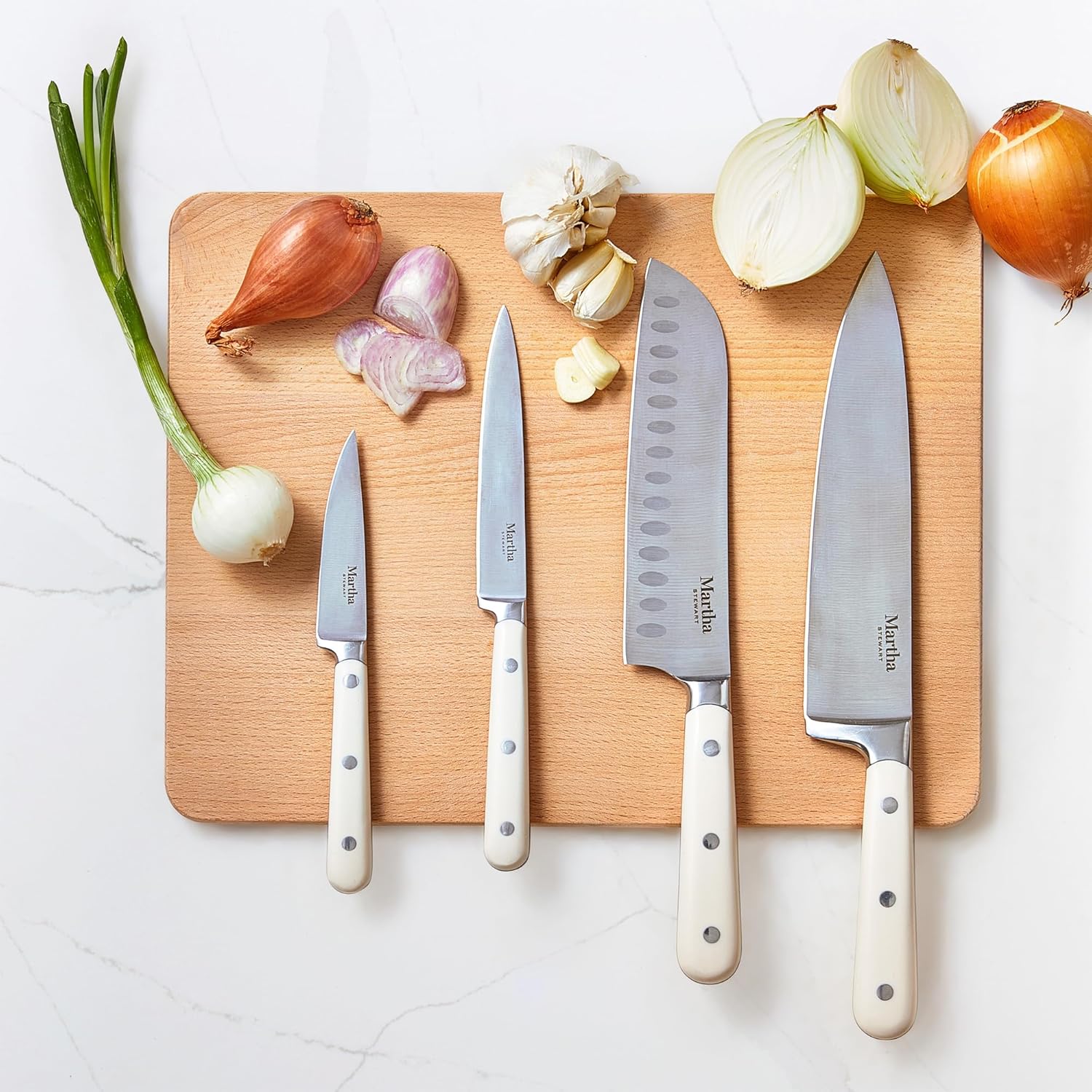 MARTHA STEWART Eastwalk 14 Piece High Carbon Stainless Steel Cutlery Kitchen Knife Block Set w/ABS Triple Riveted Forged Handle Acacia Wood Block - Linen White - Image 6