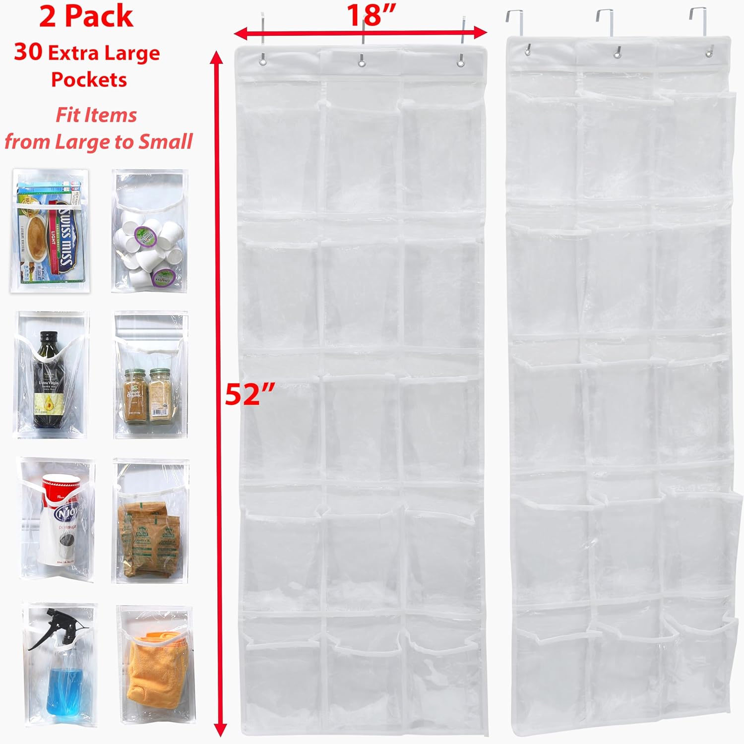 Simple Houseware 2-Pack Clear Over the Door Hanging Pantry Organizer (52" x 18") with 15 Pockets Each, Cabinet Hanging Storage for Kitchen - Image 2