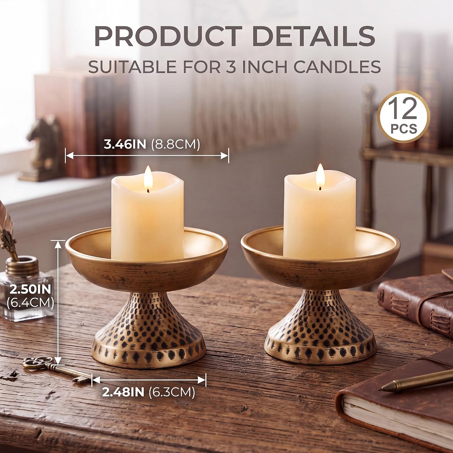 Set of 12 Gold Pillar Candle Holder, 3.5'' Decorative Antique Metal Candle Holders Vintage Centerpiece Dishes Pedestal Bowls for Wedding, Home, Dining Table, Fireplace Mantel, Shelf Decor - Image 2