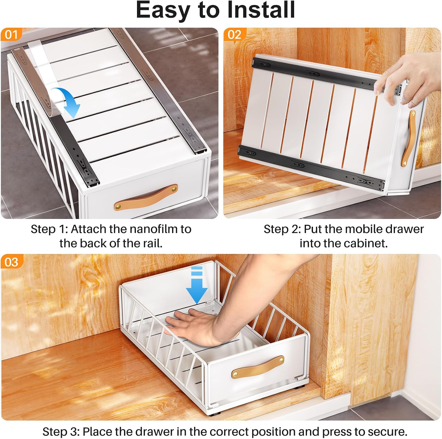 Pull out Cabinet Organizer,Heavy Duty Slide out Pantry Shelves Drawer Storage with Adhesive Nano Film,Sliding Mesh Cabinet Basket with Handle for Kitchen, Bathroom, Home, 11.8W" X 15.7"D X 6.2"H,White - Image 8