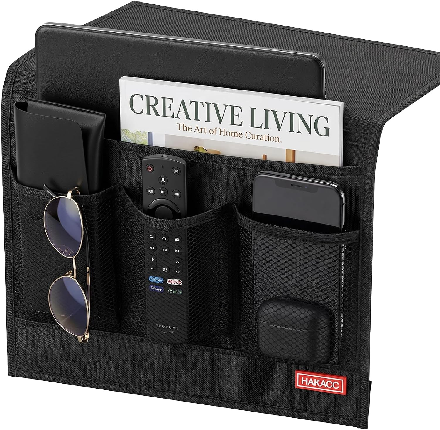 HAKACC Bedside Caddy, Remote Holder for Bed, Storage Organizer with Pockets for Bed, Sofa, Phones, Magazines, Tablets and Accessories, Black