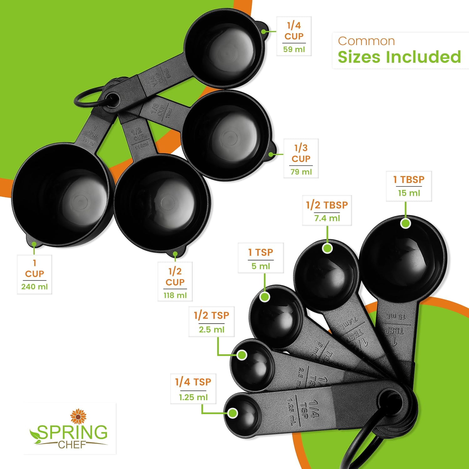 Spring Chef Magnetic Measuring Cups and Spoons Set of 9, Nesting Kitchen Tool with Easy to Read Markings for Measuring Dry or Liquid Ingredient, BPA Free, Black - Image 3