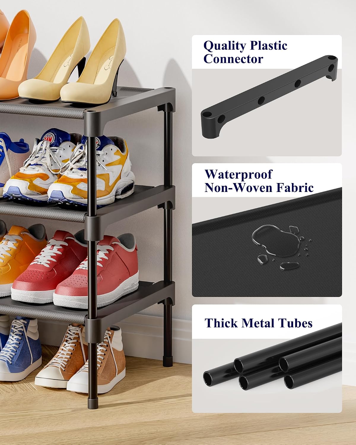 Kitsure Shoe Rack - Non-Woven Shoe Rack Shelf, Shoe Organizer for Closet, Entryway, Garage & Corridor, Stackable Shoe Shelves, 27.5" Wide - 3 Tier, Black - Image 4