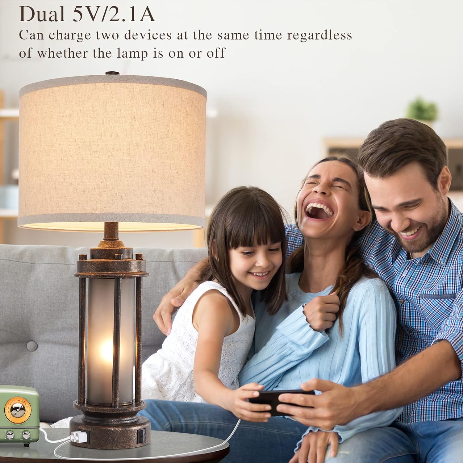 Set of 2 Farmhouse Lamps for Living Room, Rustic Vintage Bedroom Nightstand Table Lamp with 2 USB Charging Ports, Built-In Frosted Glass Night Light for End Table Entryway, 4 Bulbs Included (Bronze) - Image 4