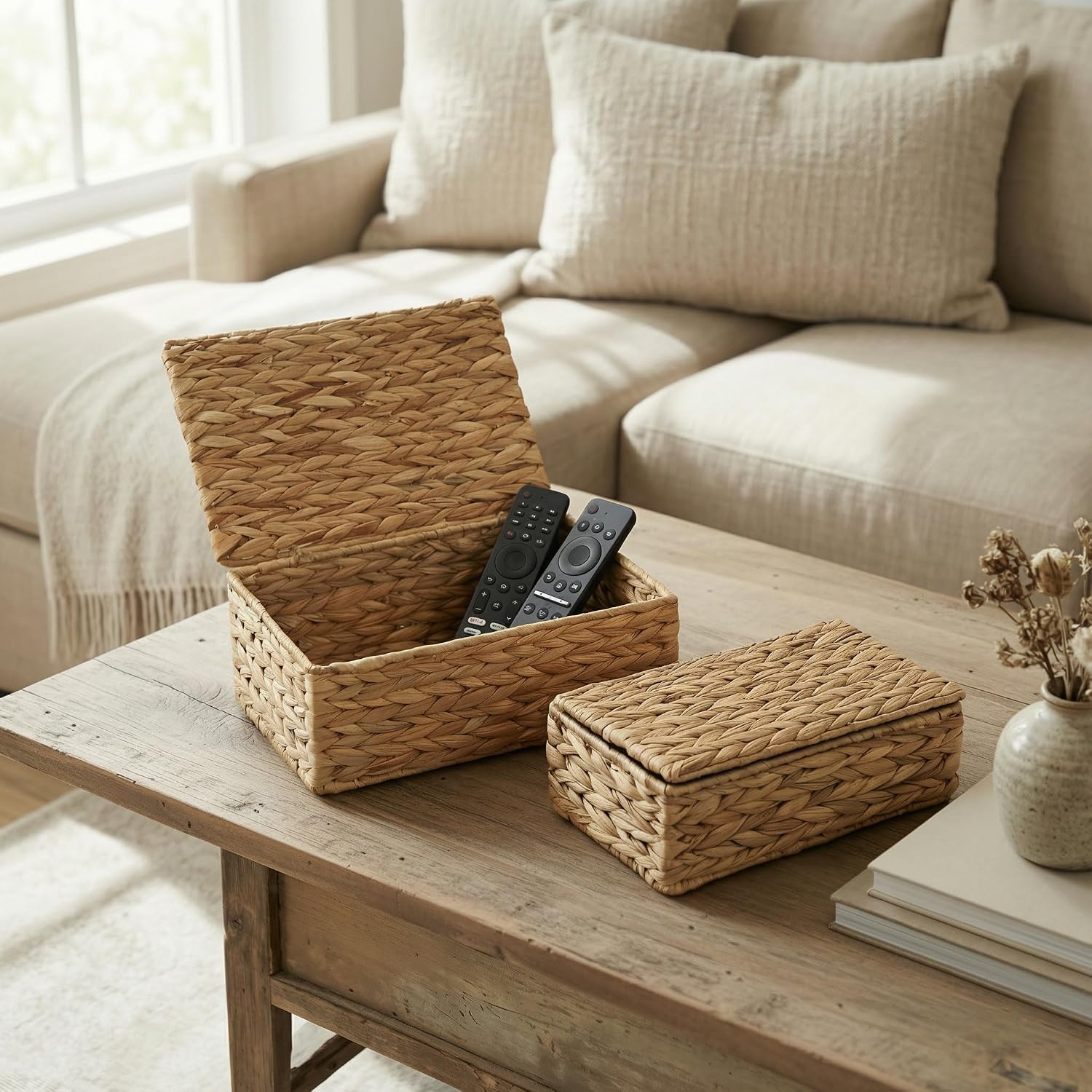 Decorative Storage Boxes with Lids - Set of 2 Beautiful Wicker Organizer Bins for Your Shelves & Home Decor - Safely Store Your Photos, Documents, and Memory Box Keepsakes in a Stylish Rattan Design - Image 2
