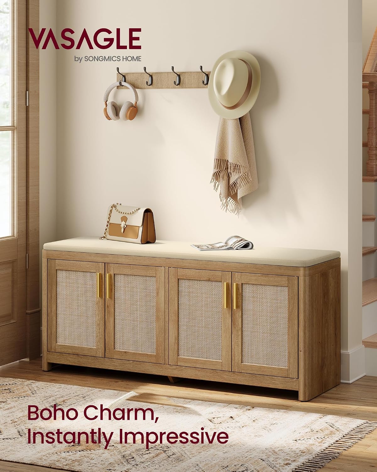 VASAGLE ELLAN Collection - Boho Shoe Bench with Cushion, Entryway Storage Bench with 4 Rattan-Look Cabinet Doors, Rounded Corners, Adjustable Shelf, for Bedroom Under Window, Natural Brown ULSB502KC01 - Image 3