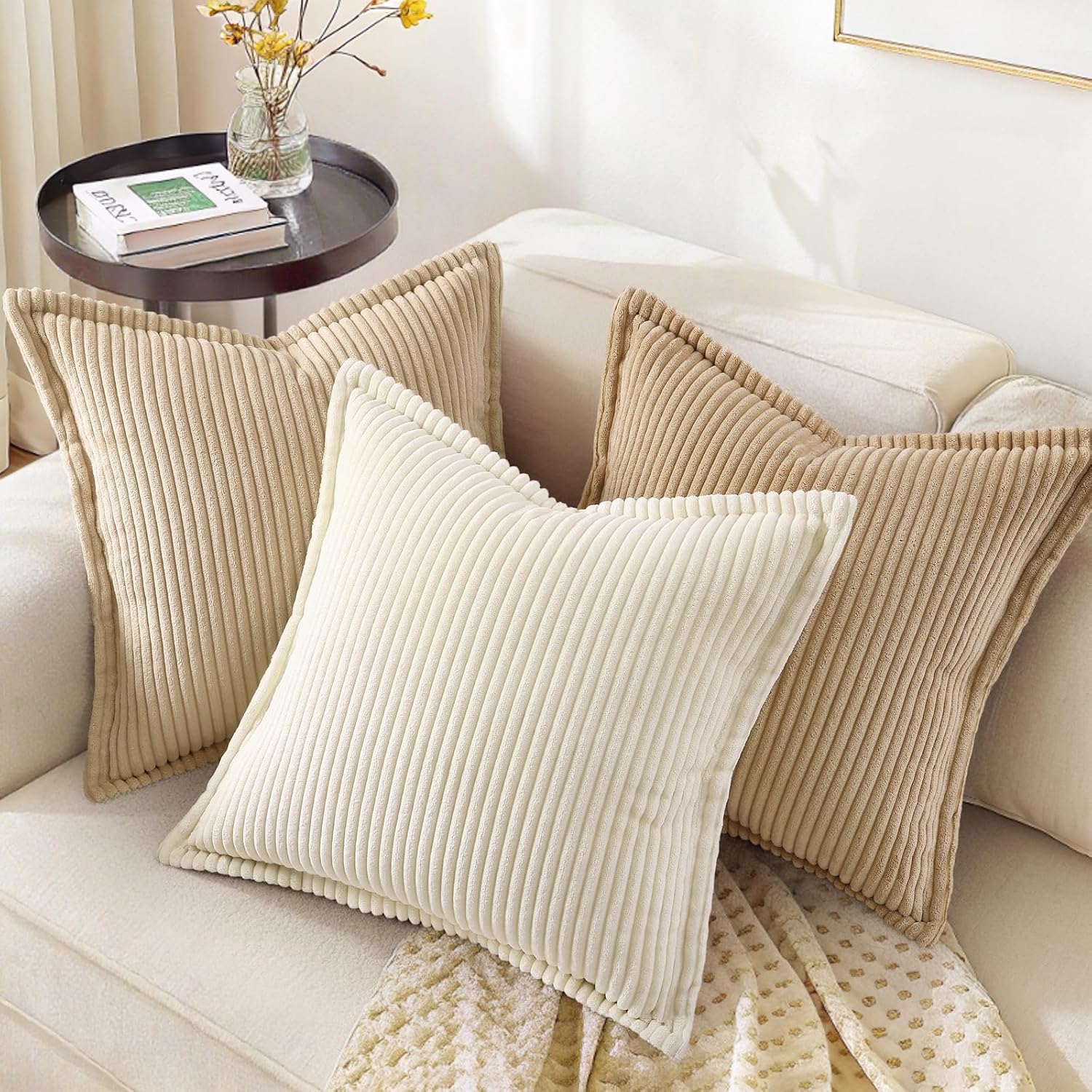 decorUhome Fall Corduroy Cream White Throw Pillow Covers 18x18 Set of 2 Decorative Soft Boho Farmhouse Couch Pillow Covers for Living Room Bed Sofa Broadside Striped Pillow Cases - Image 5