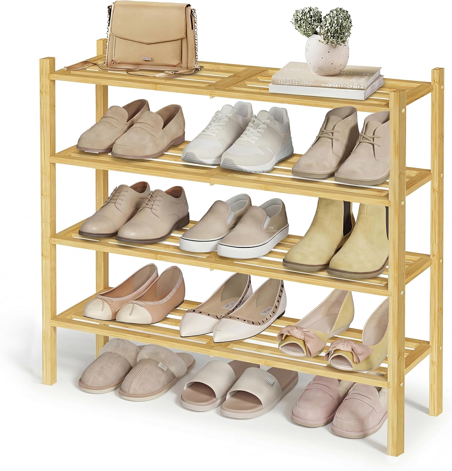 SONGMICS Bamboo Shoe Rack for Closet, Stackable Shoe Oragnizer with Modular Structure, Space-Saving Free Standing Shelf for Entryway Bedroom, 4-Tier, Holds 15-20 Pairs, Natural Color ULBS054YL01