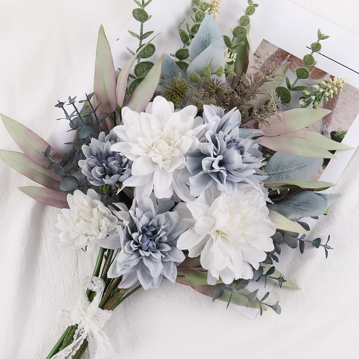 Fake Artificial Flowers Bouquet for Decoration, Silk Floral Arrangements Faux Flowers Plant Wedding Bride Bouquets Tables Centerpieces for Rustic Home Decor Indoor Vase Floral Table Decor (Blue White) - Image 5