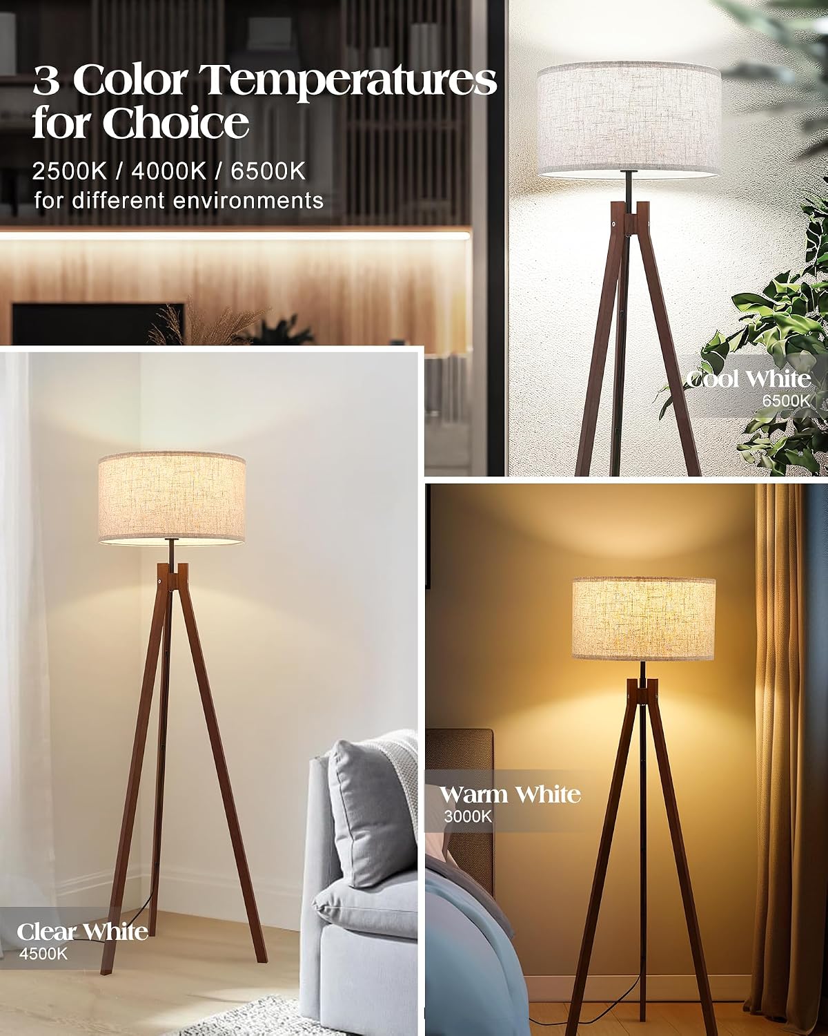 ELYONA Wood Tripod Floor Lamp, Mid Century Reading Standing Lamp with 3 Color Temperatures & Linen Shade, Modern Night Light for Bedroom, Farmhouse, Living Room, Office, 9W LED Bulb Included, Brown - Image 2