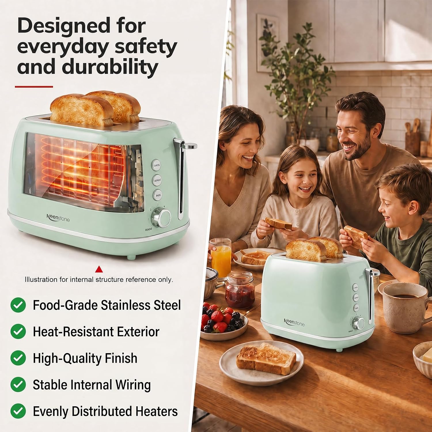 2 Slice Stainless Steel Toaster Retro with 6 Bread Shade Settings, Bagel, Cancel, Defrost Function, Extra Wide Slot, Removable Crumb Tray Green - Image 3