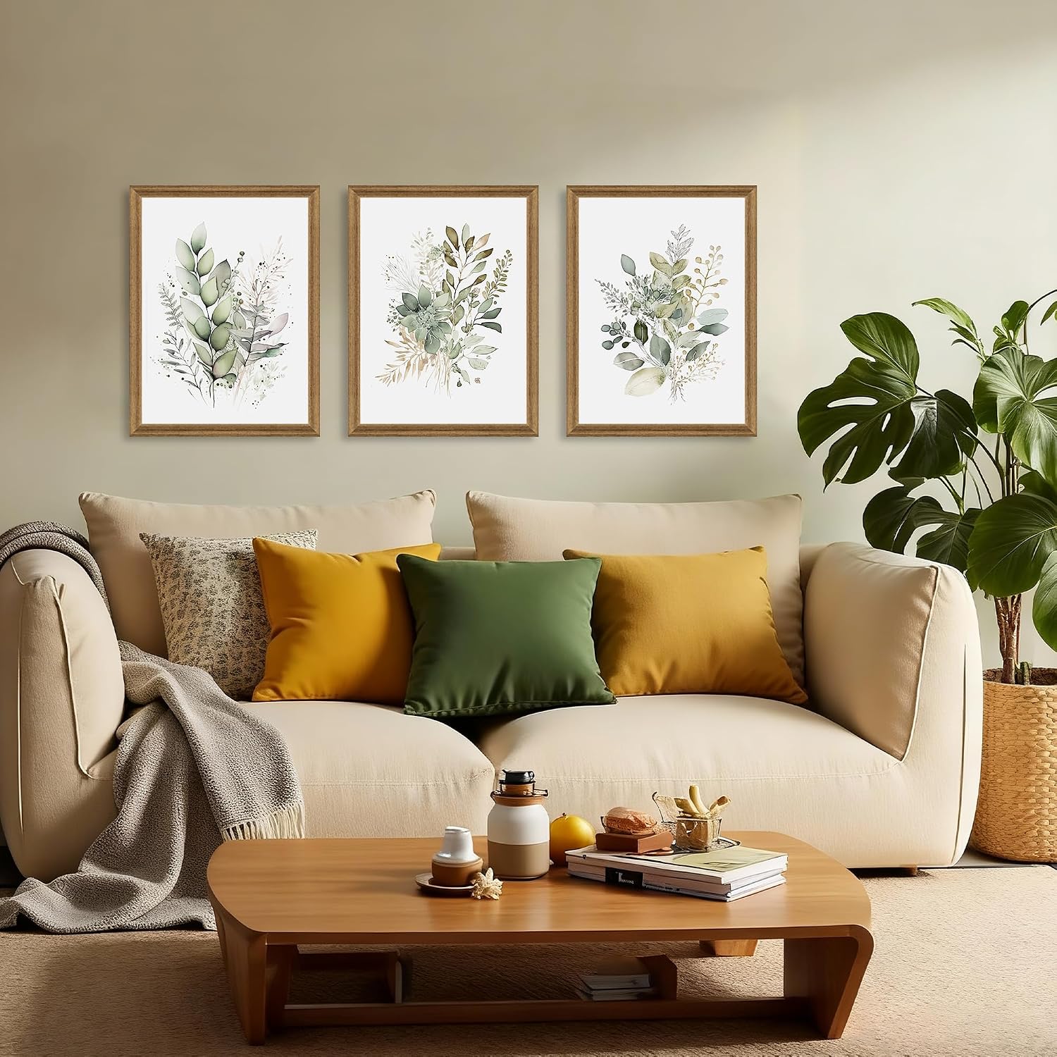 WRFON Framed Sage Green Botanical Wall Art Set of 3, Watercolor Eucalyptus & Wild Plant Canvas Prints, Minimalist Green Wall Decor for Living Room Bedroom Bathroom, 12x16 Inches - Image 2