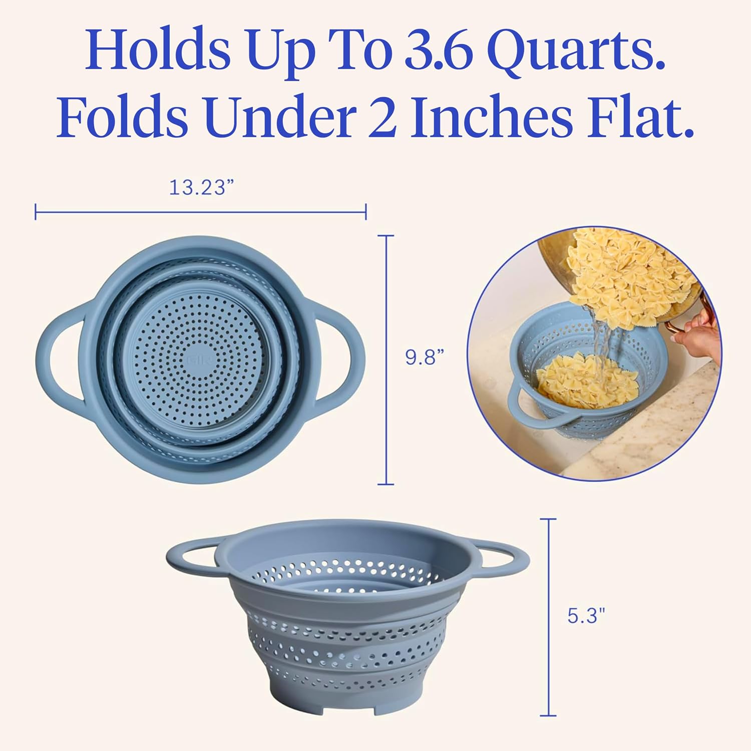 GIR Collapsible Colander for Kitchen, Silicone Strainer and Steamer, BPA-Free, Heat-Resistant, Space-Saving Collapsible Strainer with Stainless Steel Rim, Dishwasher Safe - Slate - Image 5