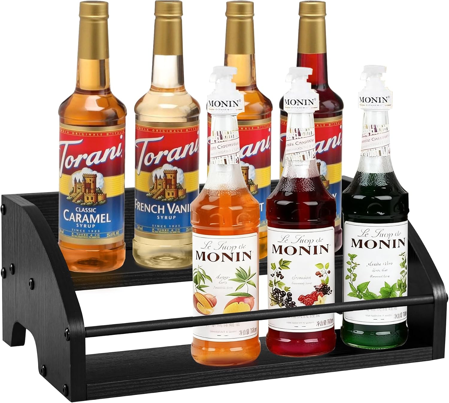Mini Coffee Syrup Rack, 2-Tier | Syrup Bottles Holder, Liquor Bottle Display Shelf, Rustic Wooden Countertop Organizer, For Coffee Bar, Spirits, Tea
