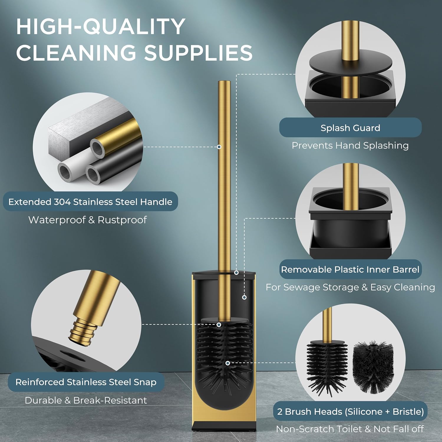 FORIOUS Toilet Brush and Holder Set, SUS304 Stainless Steel Square Base, Extended Long Handle, Drip-Proof & Space Saving, 2 Replaceable Brush Heads, Plastic & Silicone Dual Brush Head, Drak Gold - Image 4