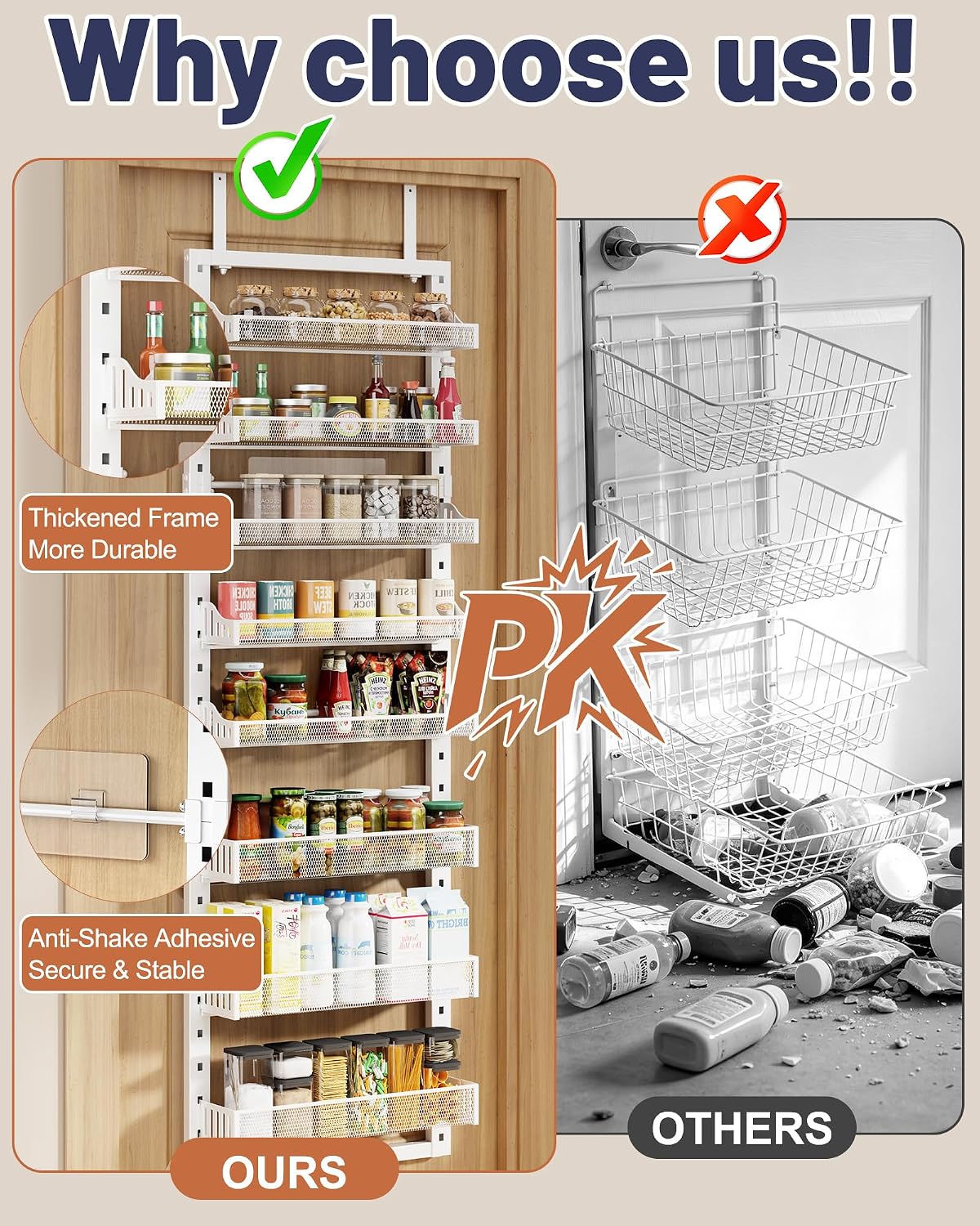 8 Tier Pantry Door Organizer, 2 IN 1 Over the Door Pantry Organizer with Metal Adjustable Baskets,Spice Rack Wall Mount or Door Organizer, Door Spice Rack for Pantry - Image 8