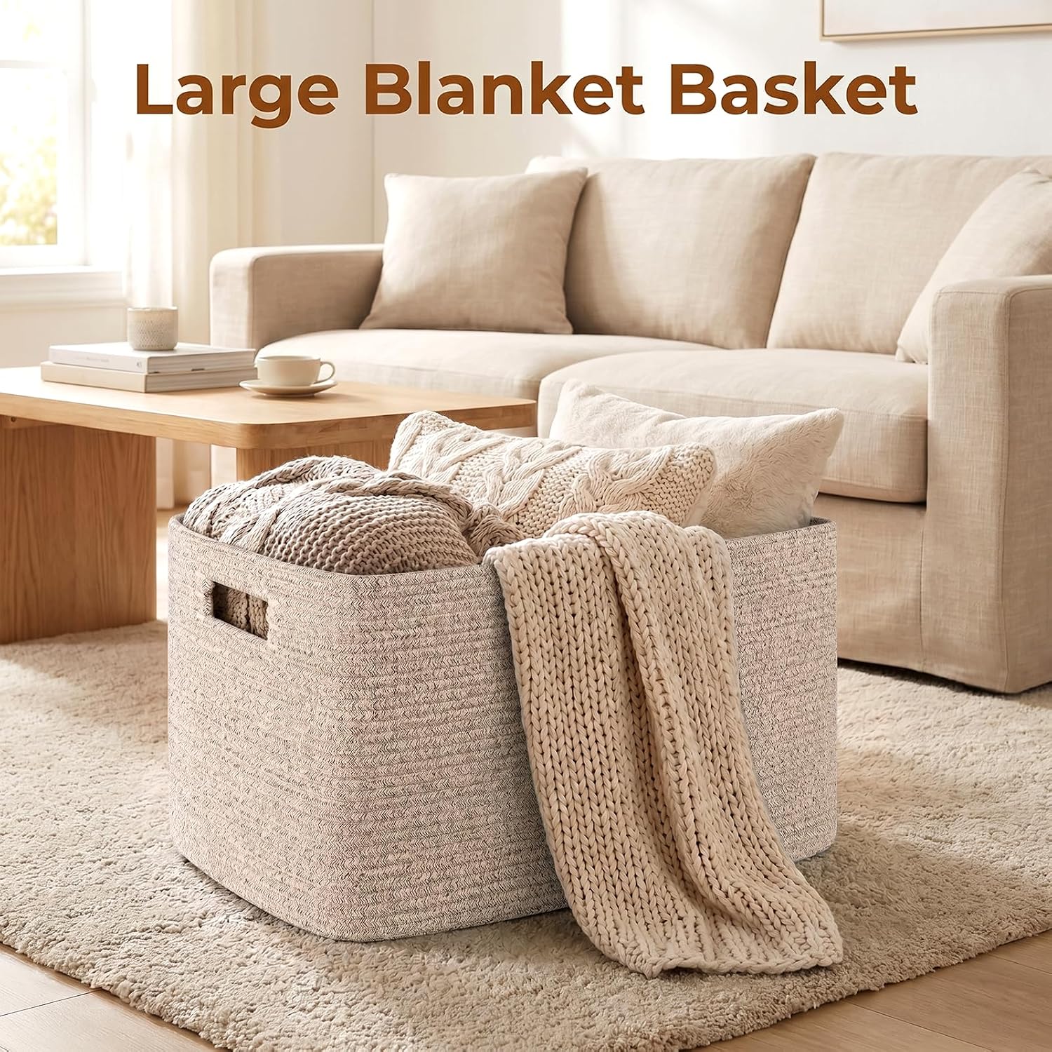 OIAHOMY 75L Large Woven Cotton Rope Storage Basket with Handle for Organizing Blanket and Toys for Living Room, Nursery, Brown Variegated 22”x17”x12” - Image 2
