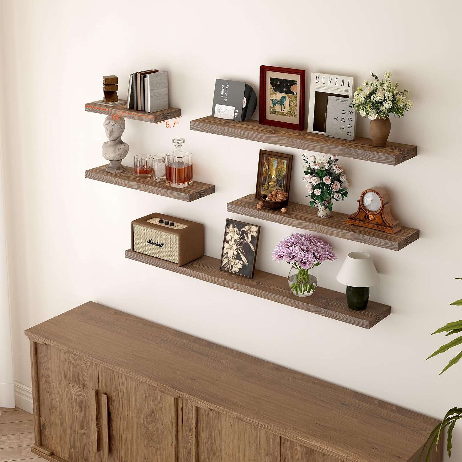 BGMG Wood Floating Shelves for Wall 18 inch Set of 2, Rustic Wooden Wall Mount Shelves for Bathroom Living Room Bedroom Kitchen Farmhouse -18x 6.7 x1.25 inch- Walnut Color - Image 2