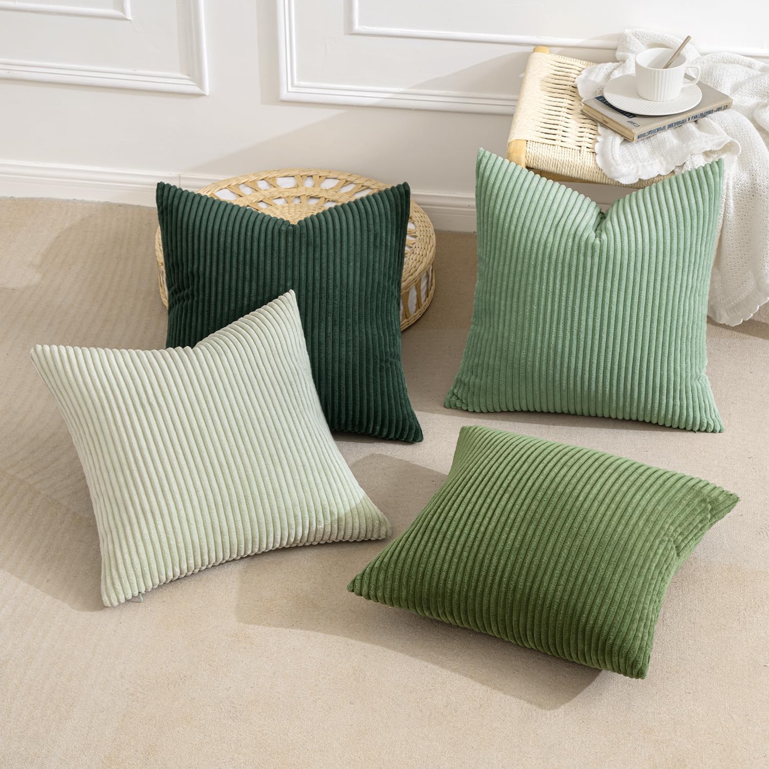 MIULEE Boho Farmhouse Sage Green Throw Pillow Covers 18x18 Inch Set of 4 Mordern Nordic Cushion Covers Soft Corduroy Spring Home Decor for Couch Bed Sofa Living Room Forest Green - Image 3