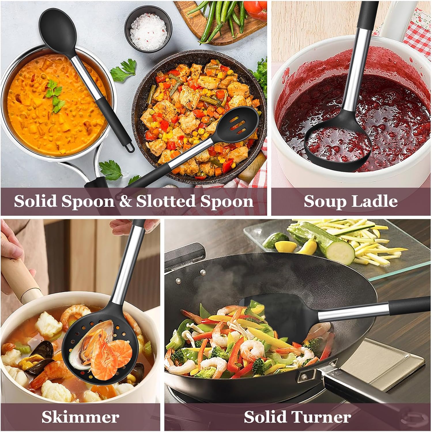 TeamFar Kitchen Utensils Set of 8, Silicone Utensils Kitchen Tools Set with Stainless Steel Handle, for Frying Serving Flipping Draining, Non-toxic & Heatproof, Nonstick & Dishwasher Safe - Black - Image 5