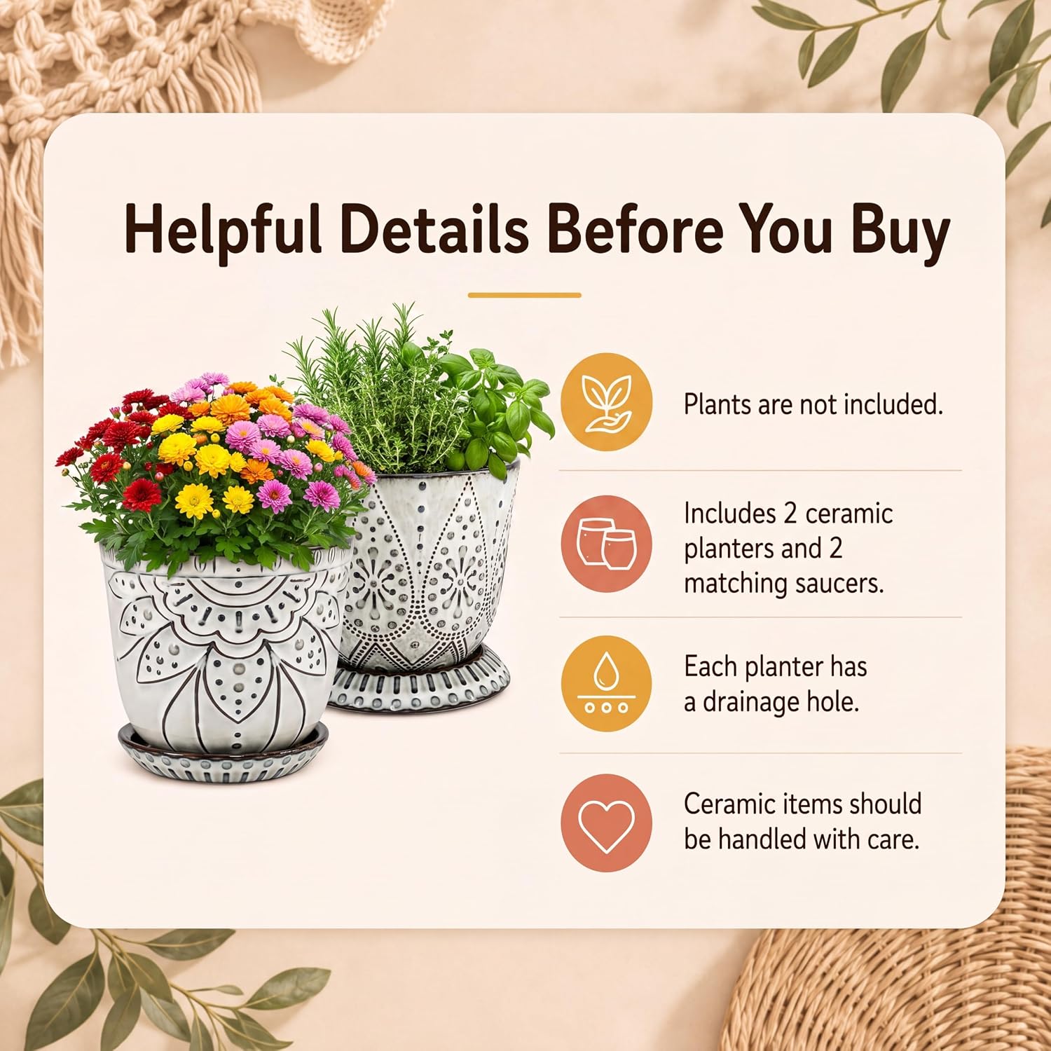 Gepege 6 Inch Beaded Ceramic Planter Set of 2 with Drainage Hole and Saucer for Plants, Indoor-Outdoor Large Round Succulent Orchid Flower Pot (Smoked Gray, Inner-pots not Larger Than 5 Inch) - Image 7