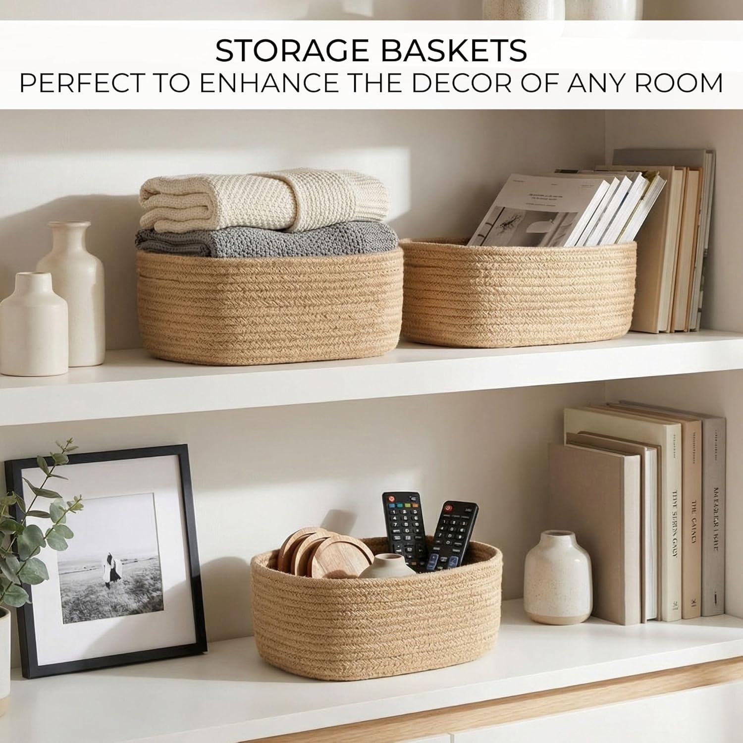 Beautiful Storage Basket Set of 3 - Sturdy Jute Rope Baskets for Shelves Are Perfect for Organizing Your Home - Quality Storage Bins Easily Fit With Any Nursery or Bedroom Decor - Image 4