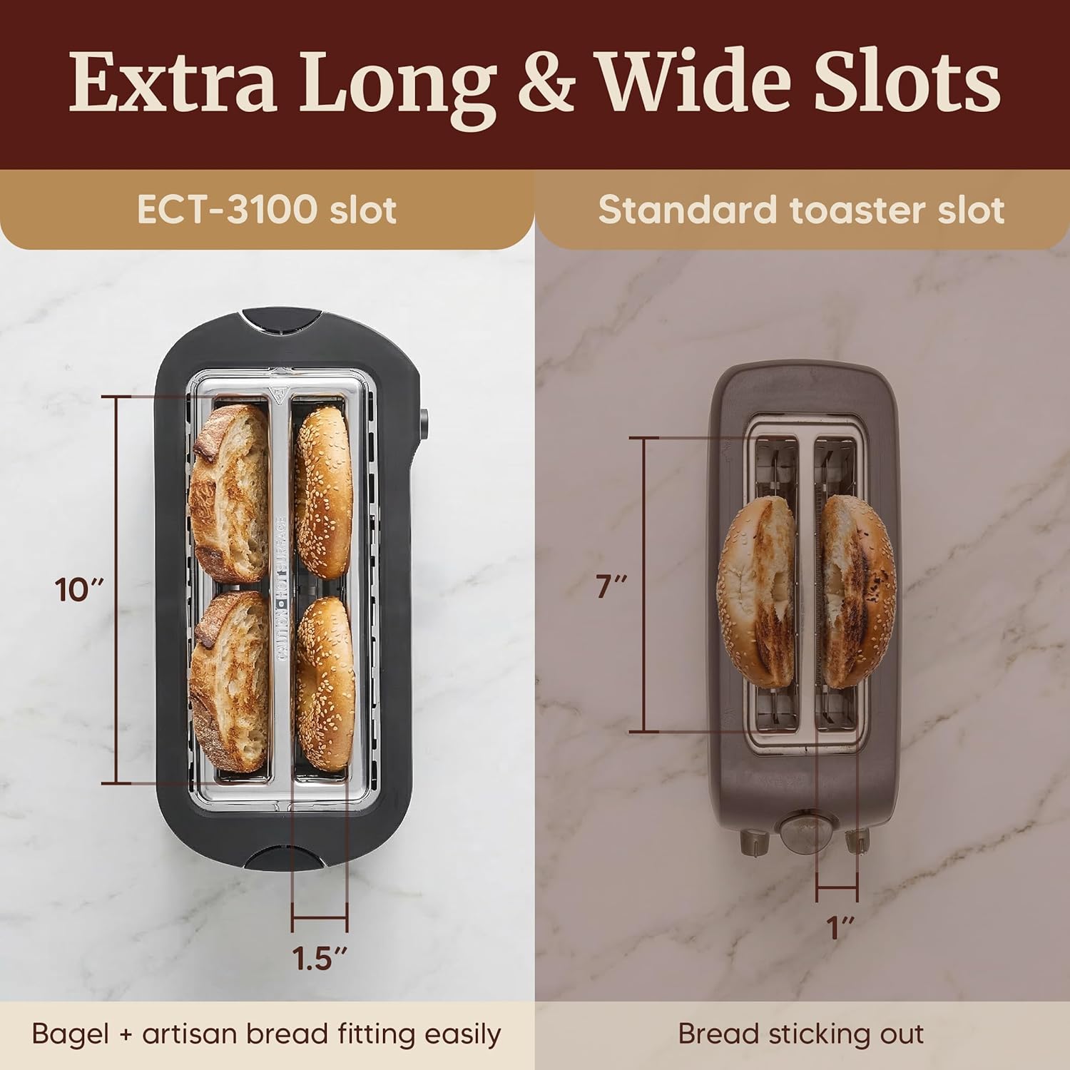 Elite Gourmet ECT-3100 4-Slice Long Slot Toaster | Extra Wide Slots for Bagels, Sourdough & Texas Toast | 6 Browning Settings | Reheat, Defrost & Cancel | Built-In Warming Rack | Stainless Steel - Image 5