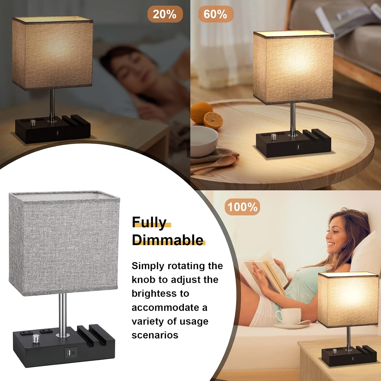 Kakanuo Fully Dimmable Nightstand Lamp for Bedroom with USB C Ports, Grey Small Bedside Table Lamp with Charging Outlets and Phone Stands, Wooden Desk Lamp for Living Room, LED Bulb Included - Image 2