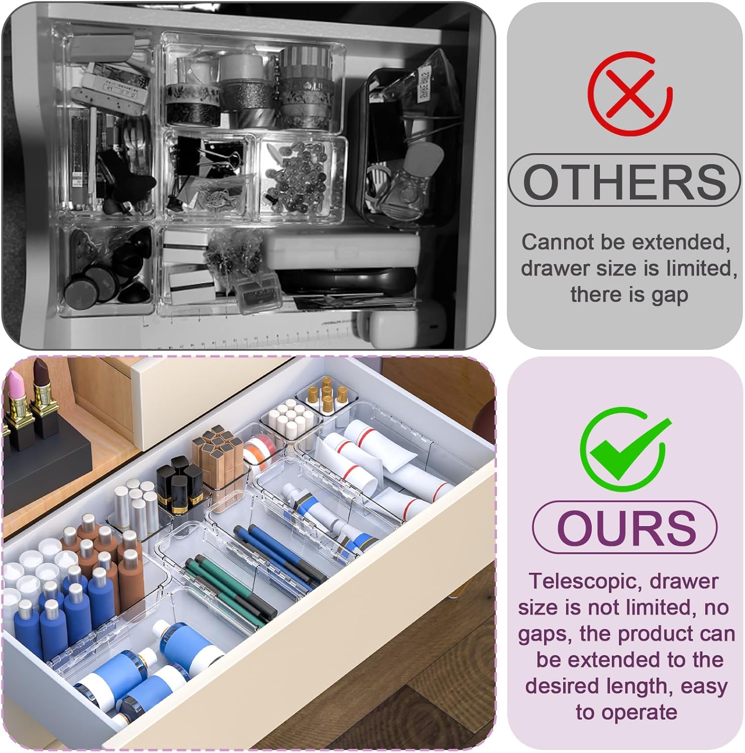 25 Pcs Clear Drawer Organizer, Adjustable Drawer Storage Box, 3-Size Desk Drawer Organizer, Acrylic Storage Bins for Makeup, Cosmetic, Kitchen Utensils, Bedroom Dressers Tool Organizer for Gadgets - Image 4