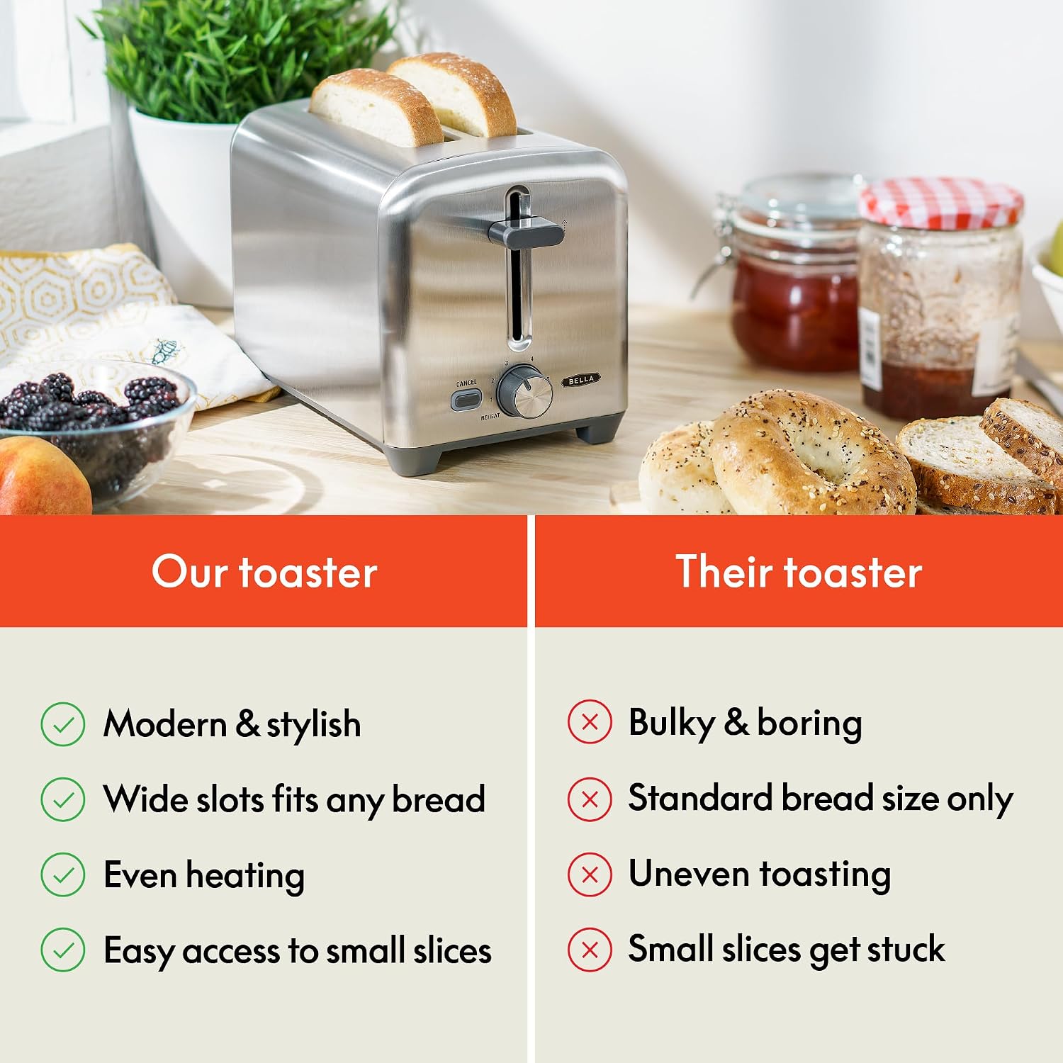 bella Stainless Steel 2 Slice Toaster with Extra Wide Slots & Removable Crumb Tray - 6 Browning Options, Auto Shut Off & Reheat Function - Toast Bread, Bagel & Waffle - Image 5