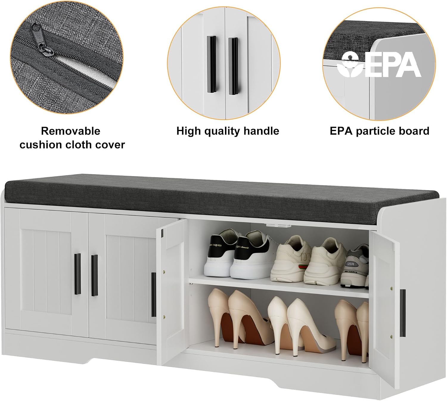 Homleke 2-Tier Storage Bench, Shoe Bench with Thickened Padded Seat Cushion, Entryway Bench with 4 Doors, Adjustable Shelf, 13.8" D x 45.3" W x 18.5" H, for Entryway, Living Room, Bedroom, White - Image 9