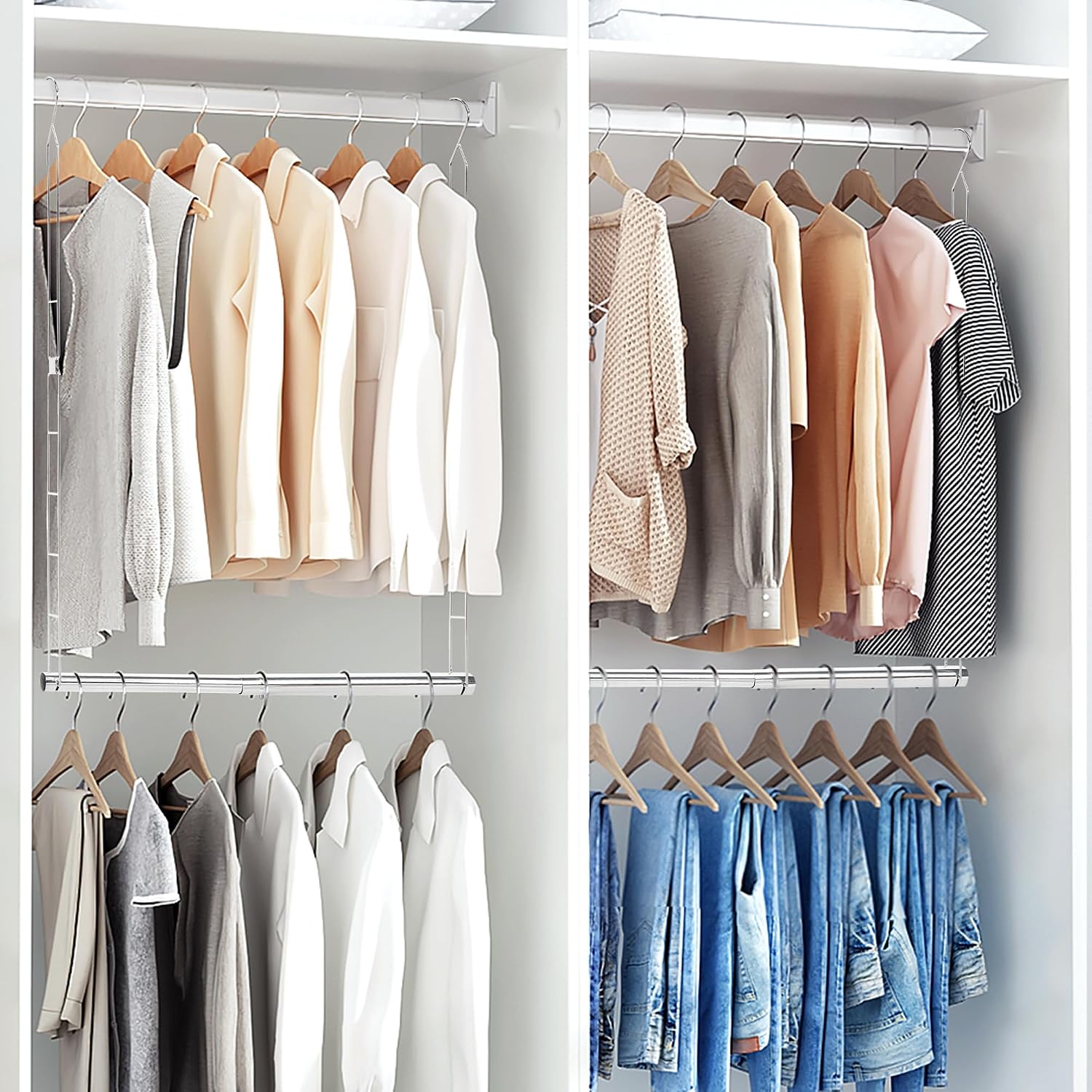 STORAGE MANIAC Hanging Closet Rod, Adjustable Width and Height Closet Hanging Organizer, Space-Saving Clothes Hanging Bar, Closet Extender Hanging Rod Double Closet Hanging Rod, 2 Pack Chrome - Image 8