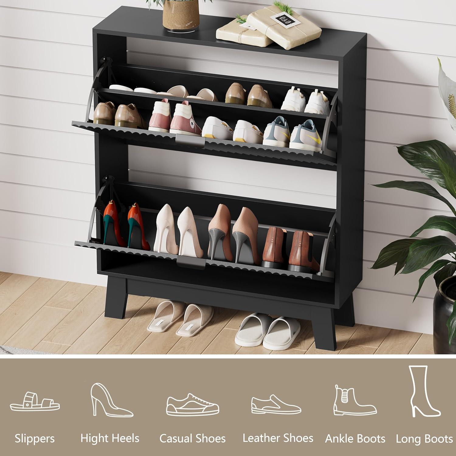 HUANLEGO Shoe Cabinet Storage for Entryway with 2 Flip Drawers, Fluted Narrow Shoe Organizer with Wooden Legs, Freestanding Slim Shoe Storage Hidden Shoe Rack Organizer for Front Door Entrance, Black - Image 3