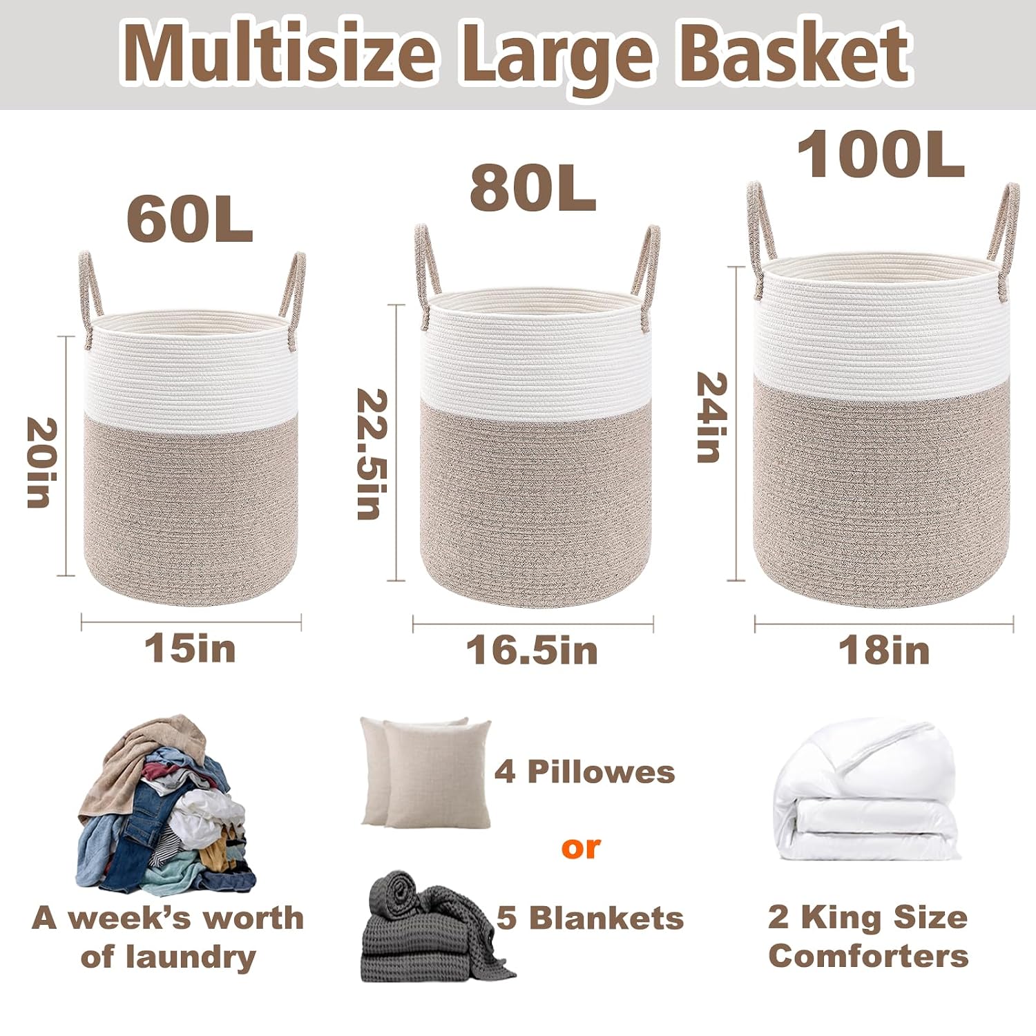 JMvicyroam Large Woven Laundry Basket Hamper,60L Cotton Rope Storage Bin for Blankets,Toys and Clothes,Decorative Tall Nursery Hamper for Living Room,Baby Nursery,Bathroom and Bedroom,Brown - Image 3