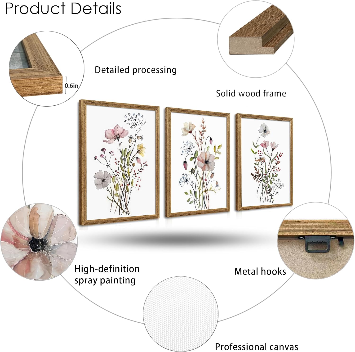 WRFON Framed Botanical Canvas Wall Art Set of 3, Watercolor Floral Prints, Framed Flower Wall Decor for Bedroom Bathroom Living Room, 12x16 Inch Each - Image 7