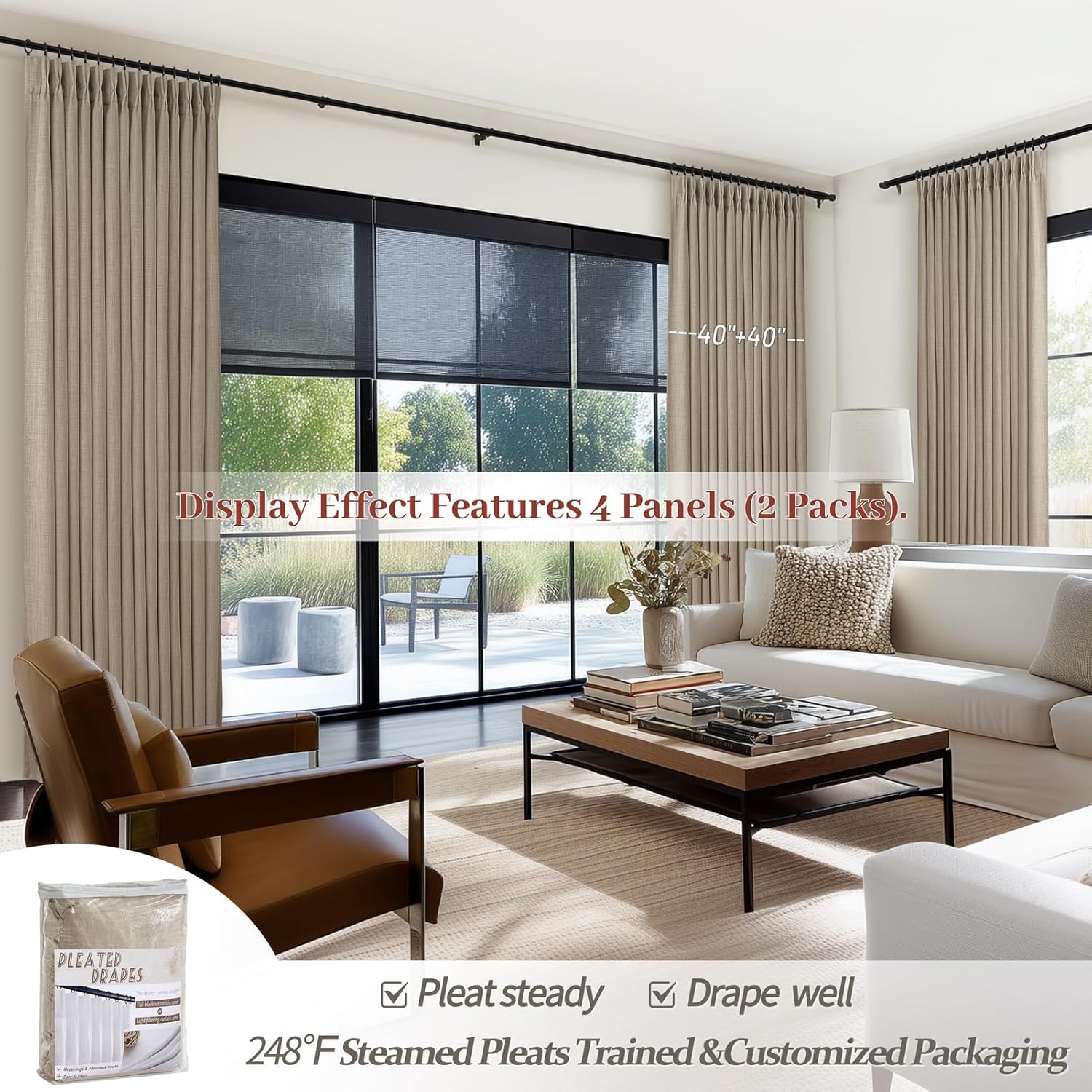 Pinch Pleated Drapes Linen Room Darkening Curtains 96 Inches Long for Bedroom, Taupe Black Out Floor to Ceiling Sound Dampening Double Layer Living Room Viral Windows Burg 2 Panels Set Burlywood Birch - Image 4